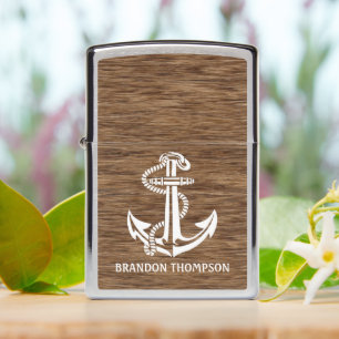 Nautical Boat Anchor On Woodgrain Wood Pattern Zippo Lighter