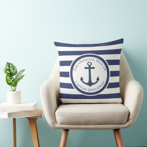 Nautical Boat Anchor Striped Custom Captain Name Throw Pillow