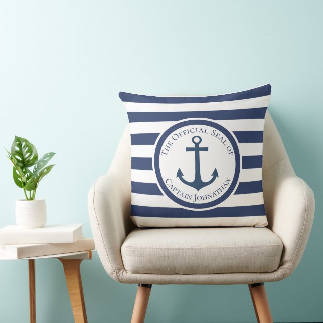 Nautical Boat Anchor Striped Custom Captain Name Throw Pillow (Chair)