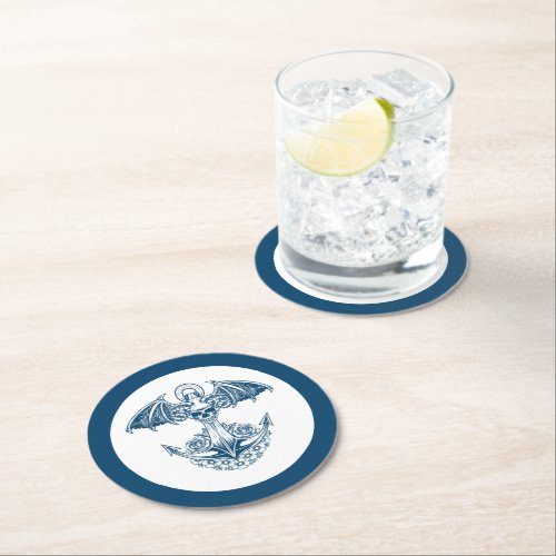 Nautical boat anchor with skull and flowers round paper coaster