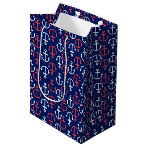 Nautical Boat Anchors Pattern-White & Coral Red Medium Gift Bag