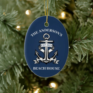 Nautical Boat Beach House Anchor Family Name Est  Ceramic Ornament