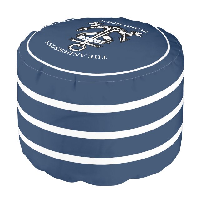 Nautical Boat Beach House Anchor Family Name Est  Pouf (Angled Front)