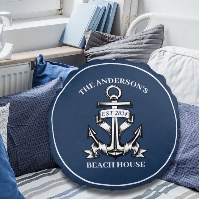 Nautical Boat Beach House Anchor Family Name Est  Round Pillow (Nautical Boat Beach House Anchor Family Name Est Round Pillow)