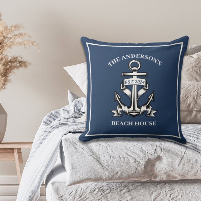 Nautical Boat Beach House Anchor Family Name Est  Throw Pillow (Nautical Boat Beach House Anchor Family Name Est Throw Pillow)