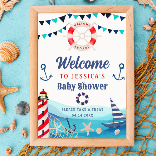 Nautical boat blue red baby shower welcome shower