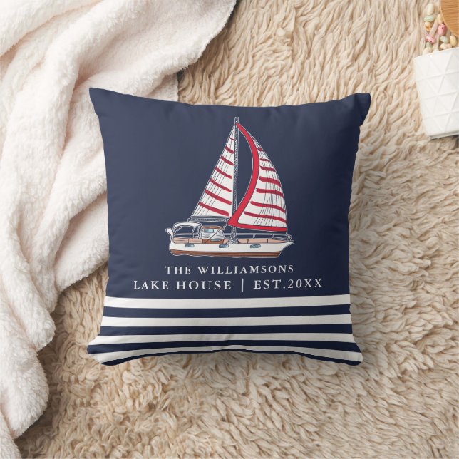 Nautical Boat Custom Navy Blue Lake House Throw Pillow (Blanket)