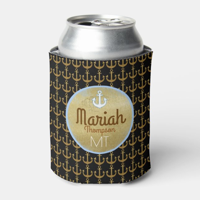 nautical boat golden anchors with monogram can cooler (Can Front)