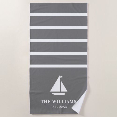 Nautical Boat Gray Striped Add Name Text Beach Towel