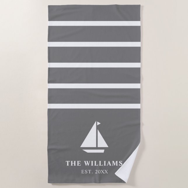 Nautical Boat Gray Striped Add Name Text Beach Towel (Front)
