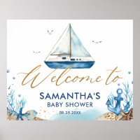 Nautical Boat Hampton Gold Baby Shower Welcome  Poster