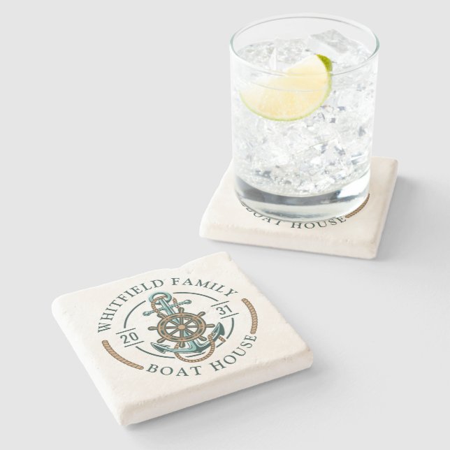 Nautical Boat House Family Coastal Vacation Stone Coaster (Side)