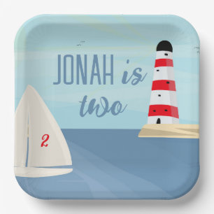 Nautical, boat, lighthouse, blue birthday paper plates