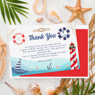 Nautical boat lighthouse blue red baby shower thank you card
