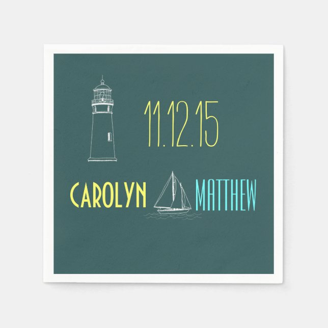 Nautical Boat | Lighthouse Blue Wedding Napkins (Front)