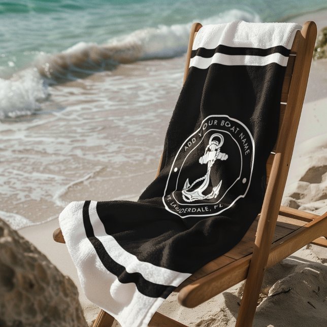 Nautical Boat Name Anchor Any Color Custom Beach Towel (Nautical Anchor White and Black Beach Towel)