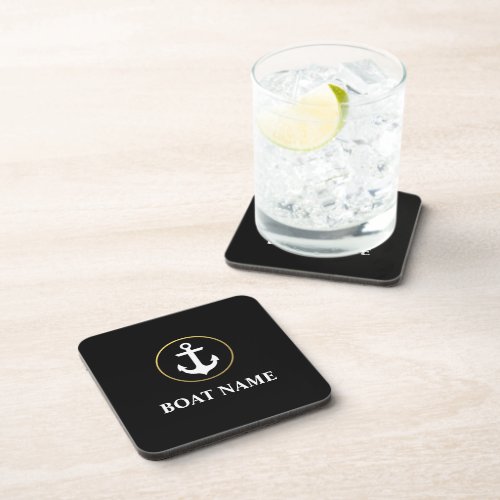 Nautical Boat Name Anchor Black Gold Beverage Coaster