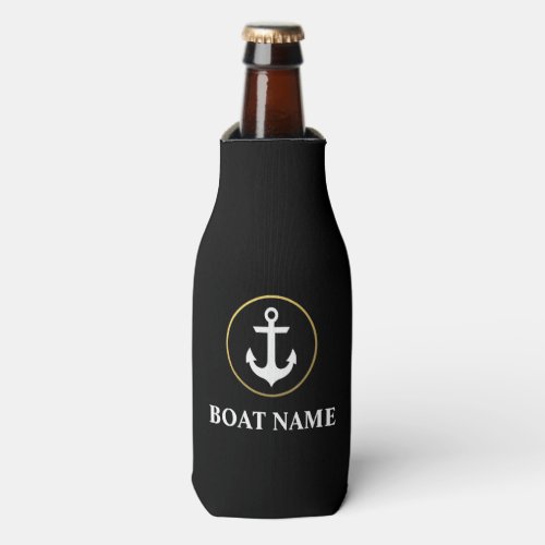 Nautical Boat Name Anchor Black Gold Bottle Cooler