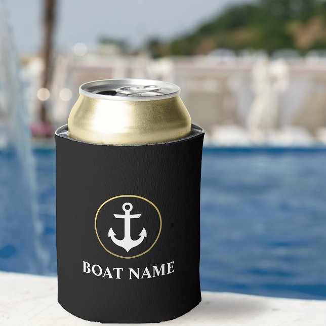 Nautical Boat Name Anchor Black Gold Can Cooler (Customize to change text size or text style.)