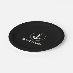 Nautical Boat Name Anchor Black Gold Paper Plates