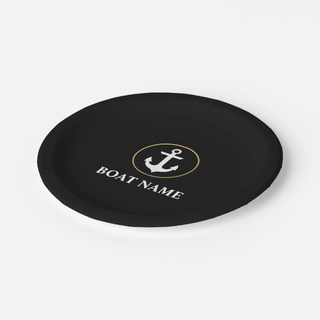 Nautical Boat Name Anchor Black Gold Paper Plates (Angled)