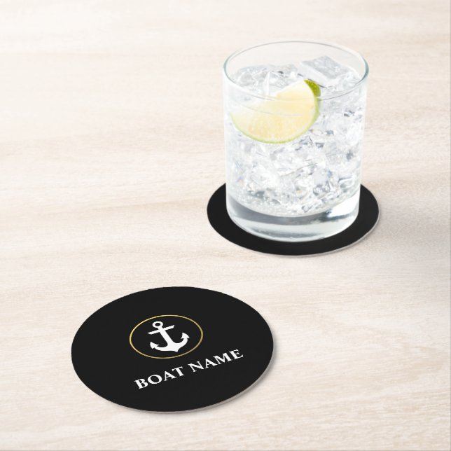 Nautical Boat Name Anchor Black Gold Round Paper Coaster (Insitu)