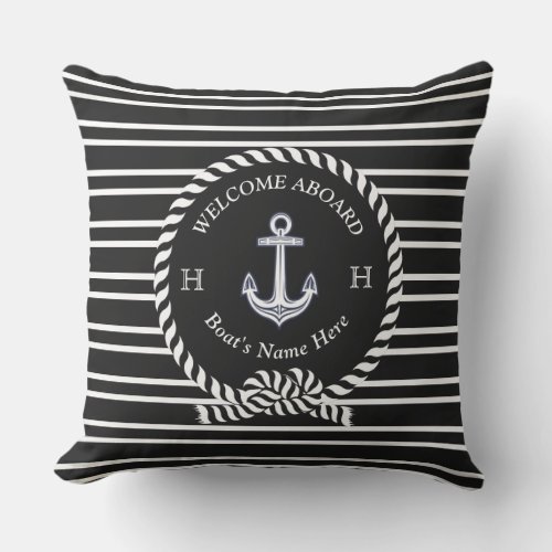 Nautical Boat Name Anchor Black White Welcome  Outdoor Pillow
