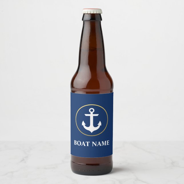 Nautical Boat Name Anchor Blue Gold Beer Bottle Label (Front)