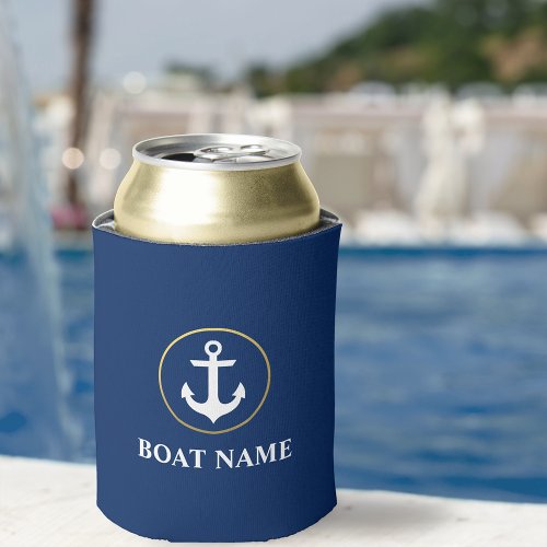 Nautical Boat Name Anchor Blue Gold Can Cooler