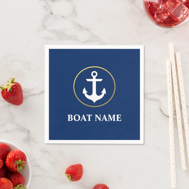 Nautical Boat Name Anchor Blue Gold Cocktail Napkins (Insitu)