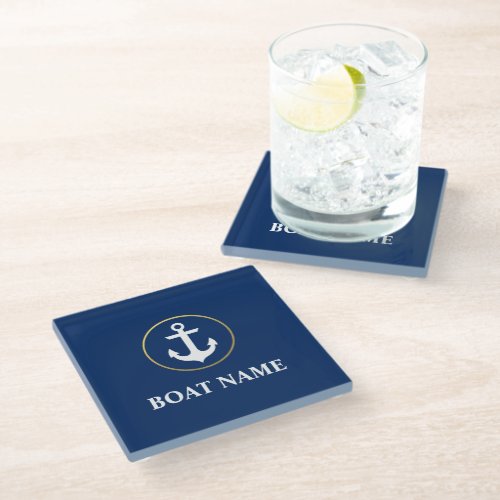 Nautical Boat Name Anchor Blue Gold Glass Coaster