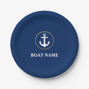 Nautical Boat Name Anchor Blue Gold Paper Plates