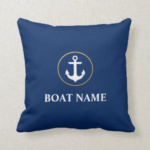 Nautical Boat Name Anchor Blue Gold Throw Pillow