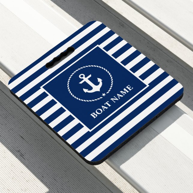 Nautical Boat Name Anchor Blue Striped Cushion Pad (In Situ)