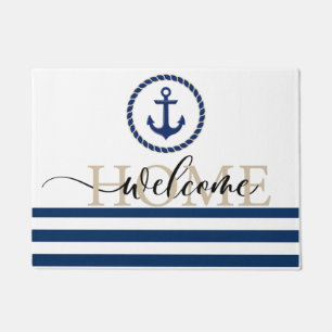 Nautical Boat Name,Anchor Blue Striped Doormat