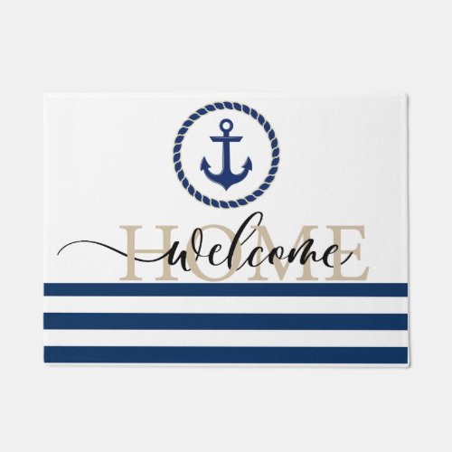 Nautical Boat NameAnchor Blue Striped Doormat