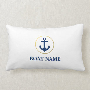 Nautical Boat Name Anchor Blue White Gold Lumbar Pillow