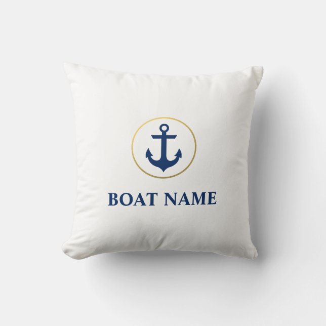 Nautical Boat Name Anchor Blue White Gold Throw Pillow (Front)