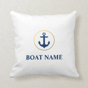 Nautical Boat Name Anchor Blue White Gold Throw Pillow