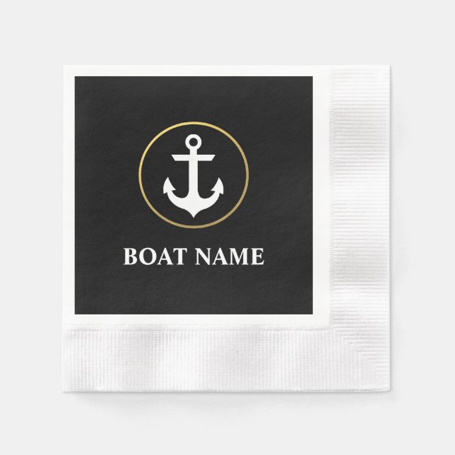 Nautical Boat Name Anchor Cocktail Black Gold Napkins (Front)