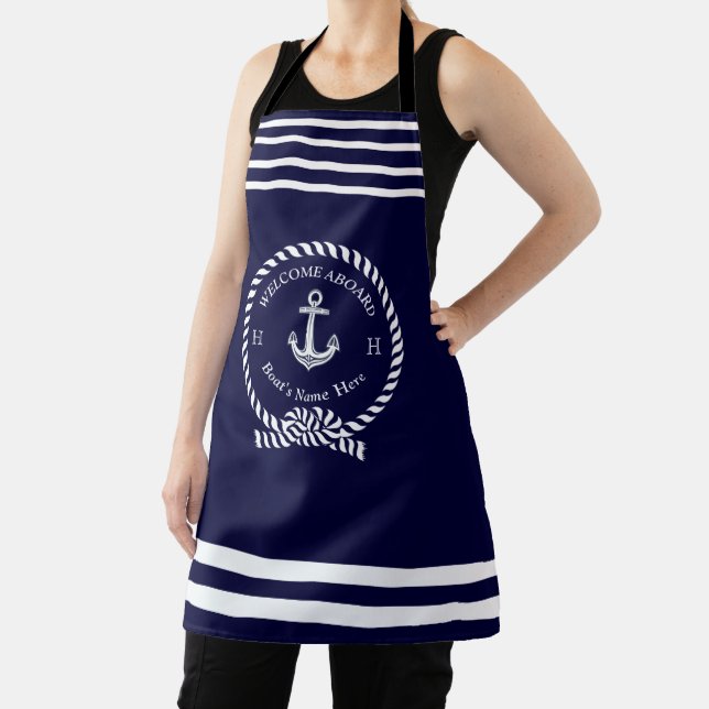 Nautical Boat Name Anchor Dark Navy Blue Welcome  Apron (Insitu)