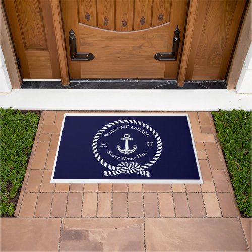 Nautical Boat Name Anchor Dark Navy Blue Welcome  Doormat