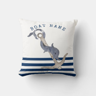 Nautical Boat Name,Anchor Dolphin Blue Striped Throw Pillow