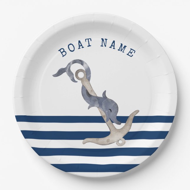 Nautical Boat Name,Anchor Dolphin Navy Blue  Paper Plates (Front)
