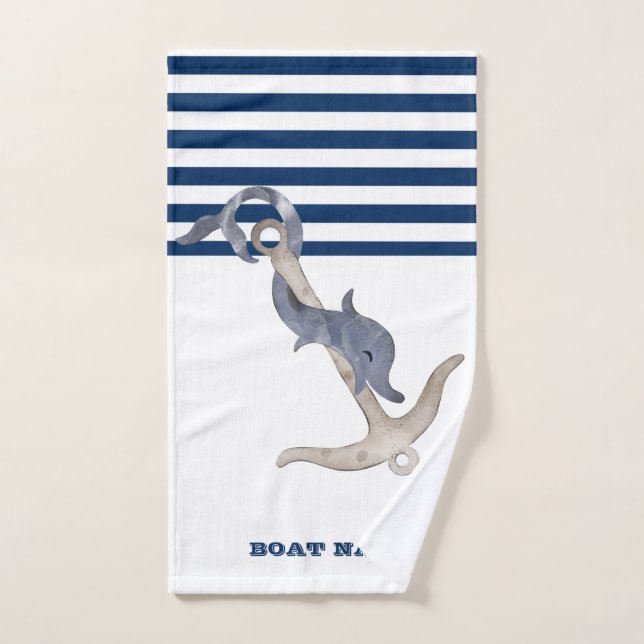 Nautical Boat Name,Anchor Dolphin Navy Blue Stripe Bath Towel Set (Hand Towel)