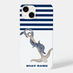 Nautical Boat Name,Anchor Dolphin Navy Blue Stripe Case-Mate iPhone 14 Case