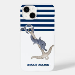 Nautical Boat Name,Anchor Dolphin Navy Blue Stripe Case-Mate iPhone 14 Case