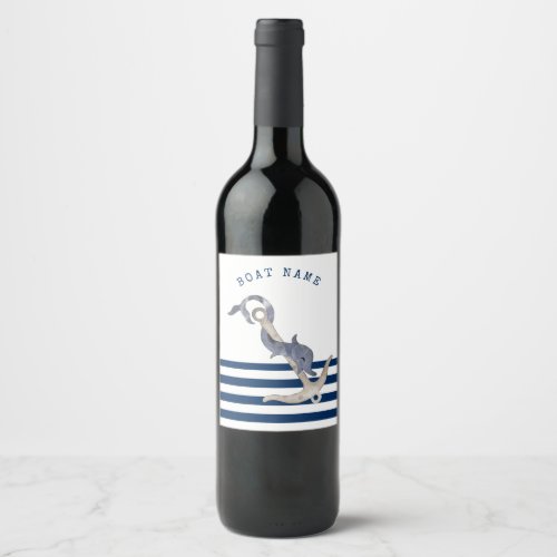 Nautical Boat NameAnchor Dolphin Navy Blue   Wine Label