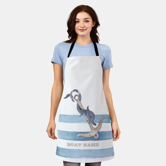 Nautical Boat Name,Anchor Dolphin Stripes  Apron (Worn)