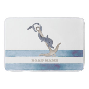 Nautical Boat Name,Anchor Dolphin Stripes Bath Mat